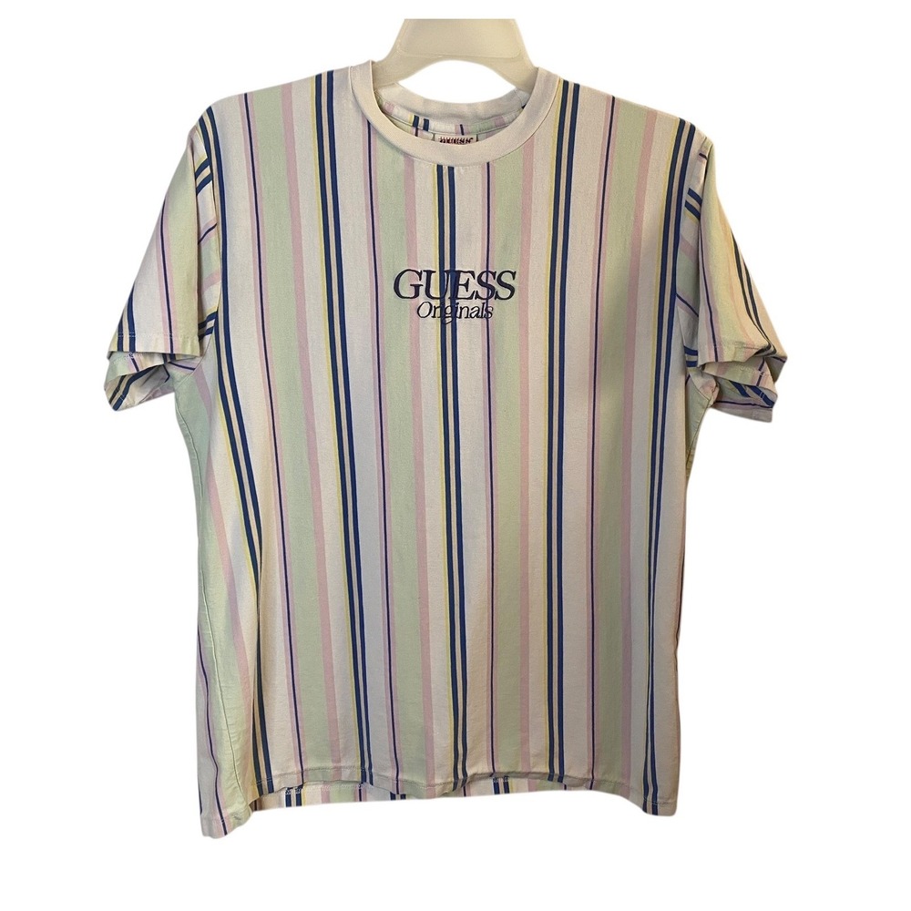 Guess Originals Striped T Shirt Embroidered Logo Men Medium M Cotton Retro Y2K